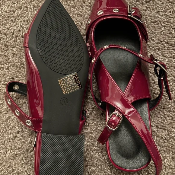 Women's Burgundy Patent Leather Buckle Flats - Picture 4 of 6